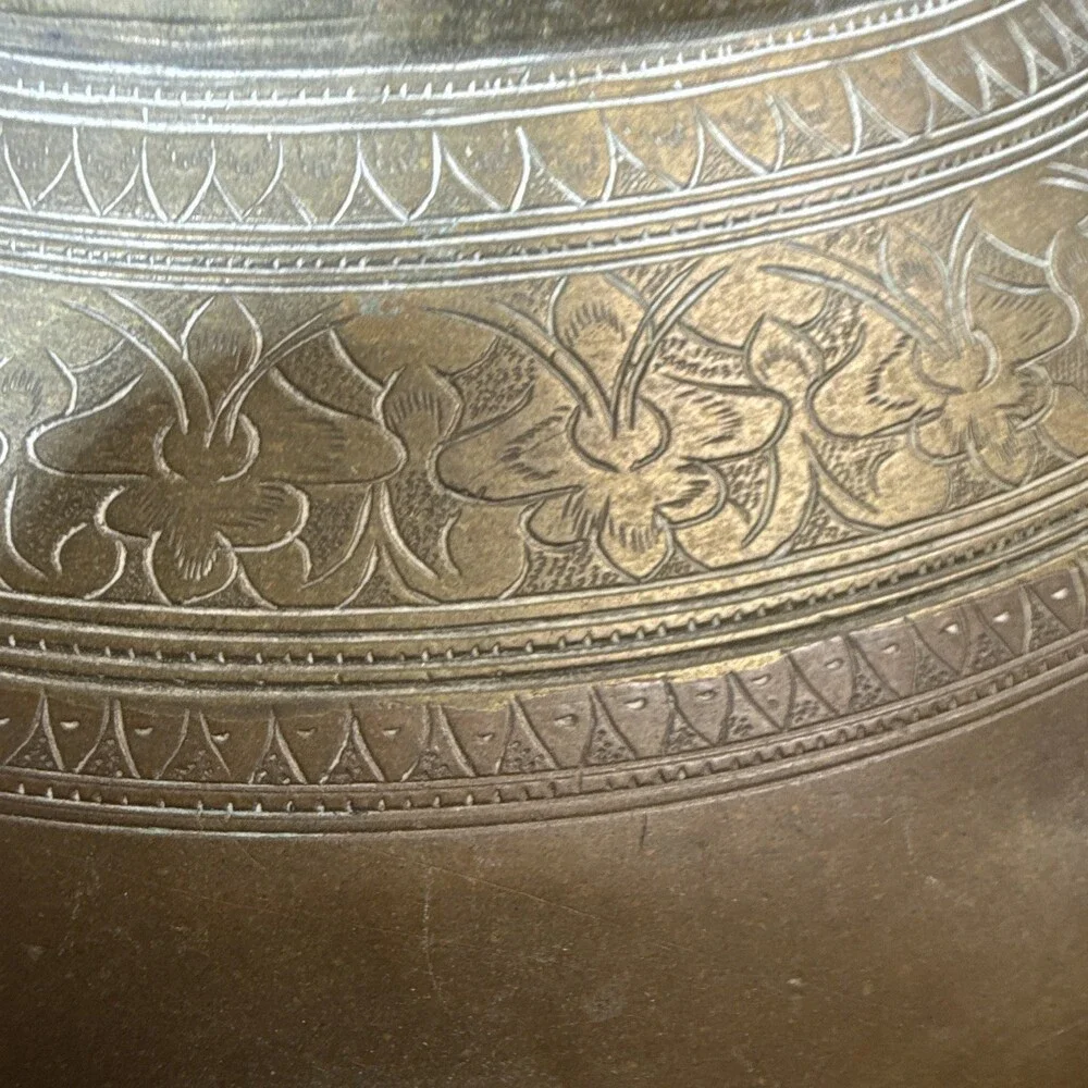 Antique Indo-Persian Engraved Brass Lidded Vessel or Water Ewer